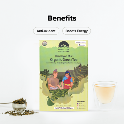 Organic Himalayan Mist Nepal Tea tea package with green tea leaves and mountain-inspired design, highlighting Himalayan origin.