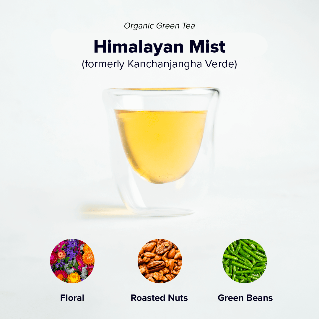 Organic Himalayan Mist green tea from Nepal Tea, featuring fresh, vibrant tea leaves with a lush Himalayan landscape background.
