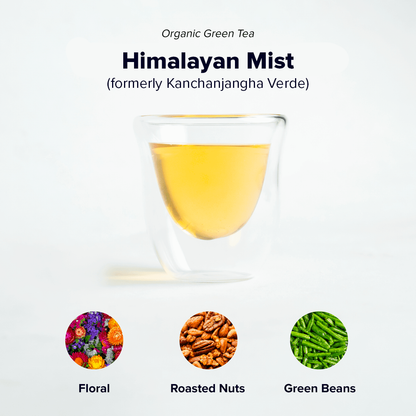 Organic Himalayan Mist green tea from Nepal Tea, featuring fresh, vibrant tea leaves with a lush Himalayan landscape background.