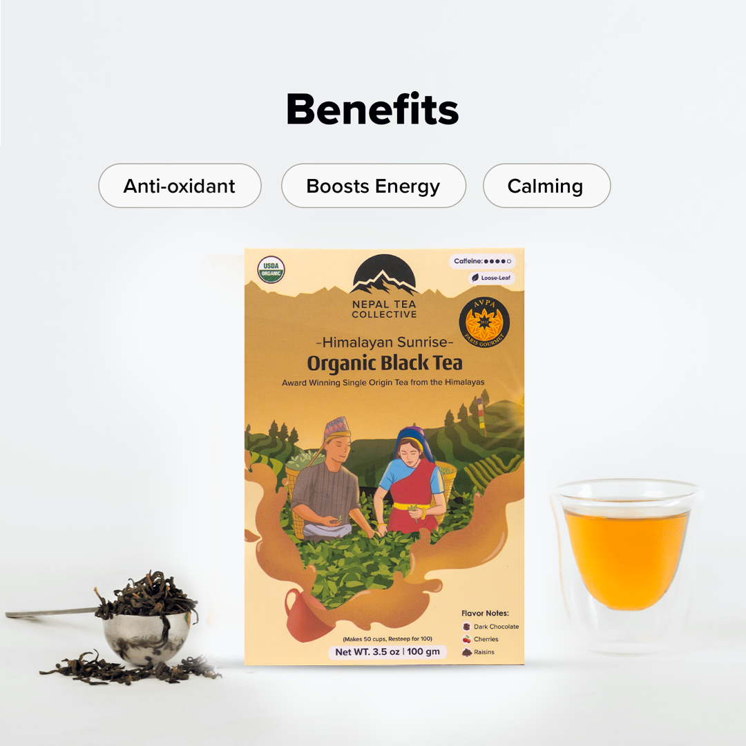Organic Himalayan Sunrise Nepal Tea, Kanchanjangha Noir tea leaves in a rustic bowl, showcasing rich dark leaves and natural texture.