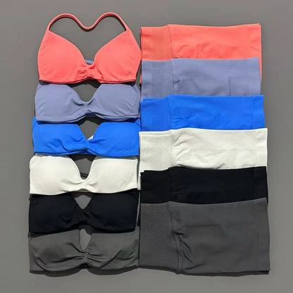 Histello women's 2-piece yoga gym set with seamless strappy yoga bra and high-waist scrunch shorts, ideal for workout and fitness.