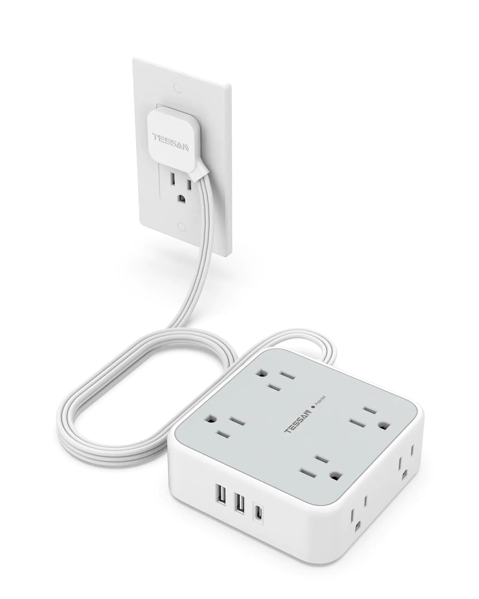 Surge Protector Flat Extension Cord Flat Plug Power Strip 8 AC Outlets 3 USB Charger(1 USB C Port) 3-Sided Outlet Extender 5 Ft 900 Joules Protection Office Supplies Dorm Room Essentials Grey