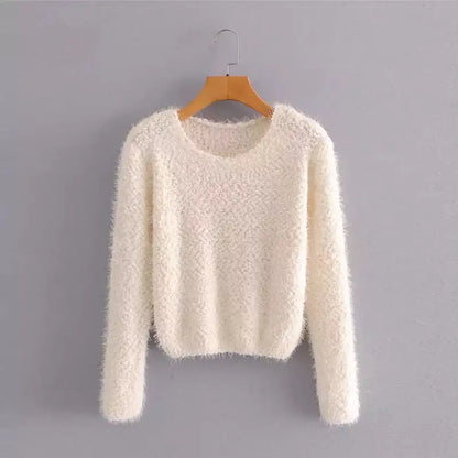 Solid Color Round Neck Pullover Sweater for Women