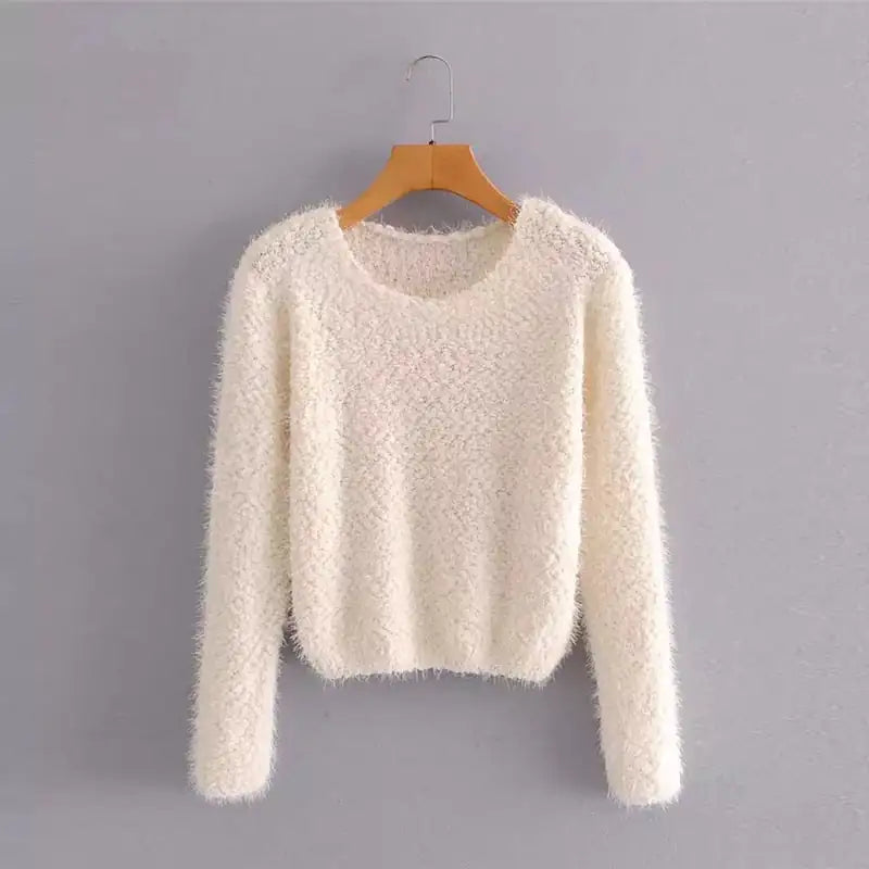 Solid Color Round Neck Pullover Sweater for Women