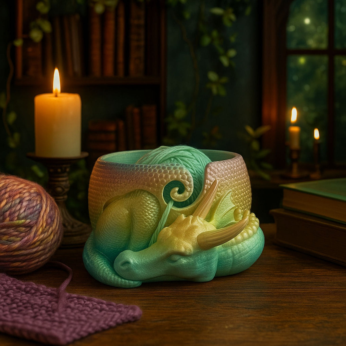 Colorful Enchanted Dragon Yarn Bowl by Darn Good Yarn, featuring a rainbow prism design for home decor and knitting accessories.