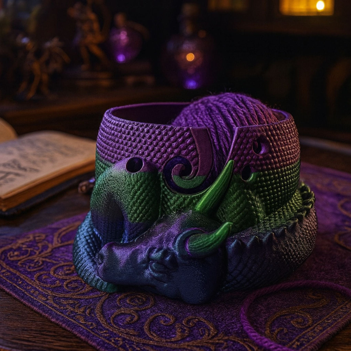 Rainbow prismfire Enchanted Dragon Yarn Bowl by Darn Good Yarn, featuring intricate dragon design and vibrant decorative details.