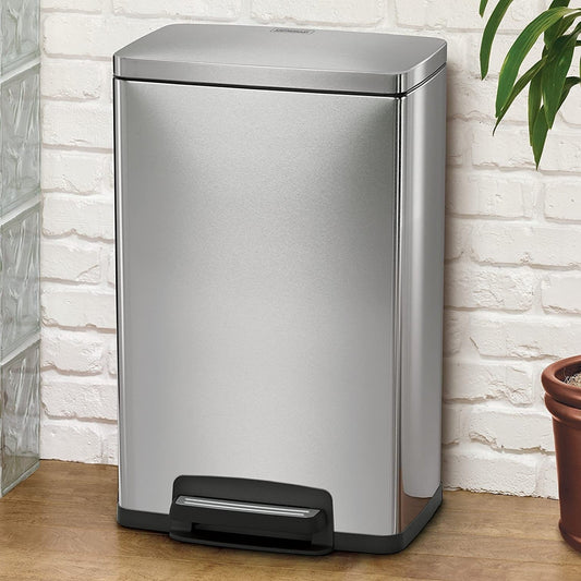 HomePacific 13-gallon stainless steel kitchen trash can with step lid and modern design.