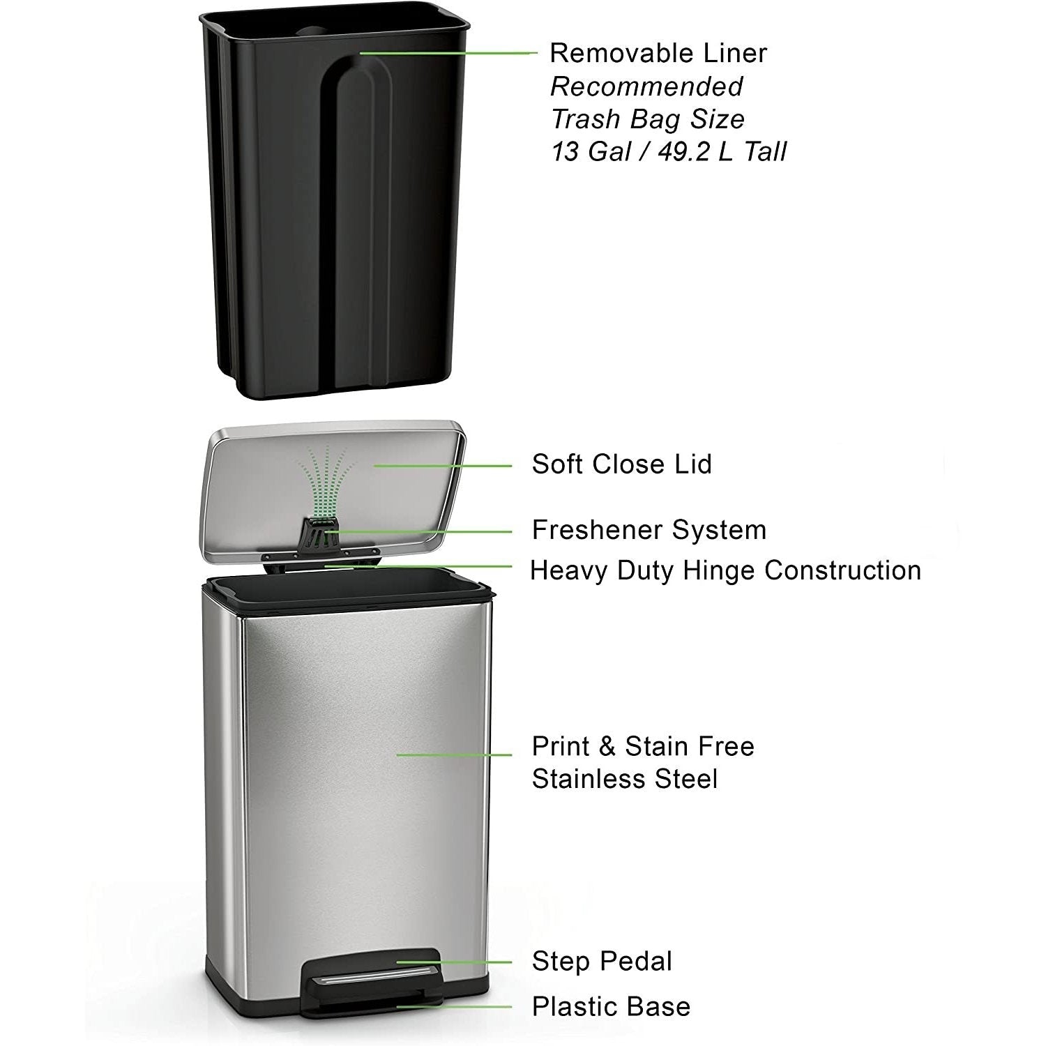 Stainless steel 13-gallon kitchen trash can with step lid from HomePacific, featuring a sleek design and durable construction.