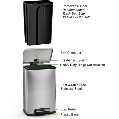Stainless steel 13-gallon kitchen trash can with step lid from HomePacific, featuring a sleek design and durable construction.
