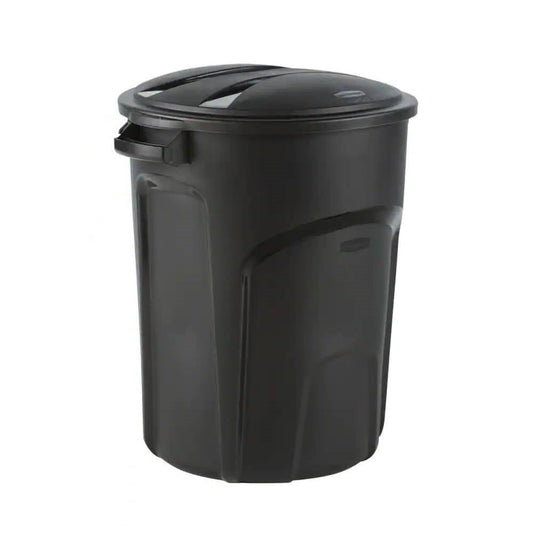 HomePacific 32-gallon black plastic indoor outdoor trash can with lid, durable and made in USA for kitchen or outdoor use.