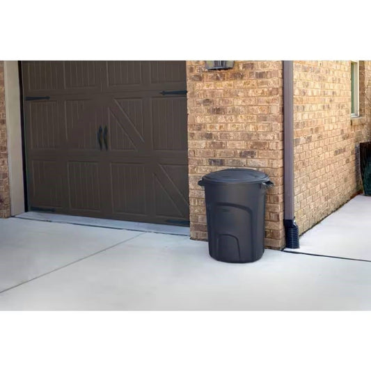 HomePacific 32-gallon black plastic indoor outdoor trash can with lid, perfect for kitchen or outdoor use. Made in the USA.