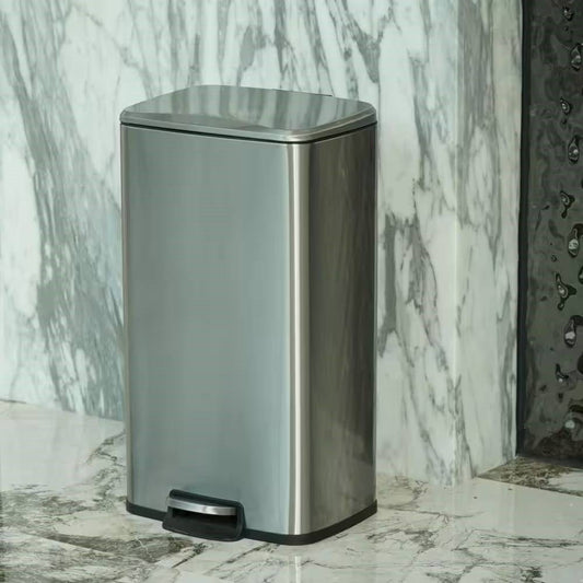HomePacific 8-gallon stainless steel kitchen trash can with step-on lid, sleek design for waste disposal and recycling.