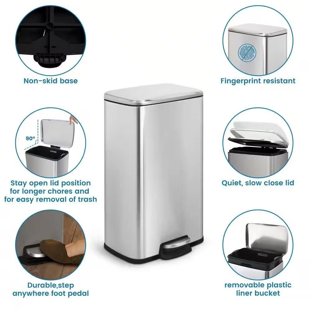 HomePacific 8-gallon stainless steel kitchen trash can with step-on lid, modern design for waste disposal and recycling.
