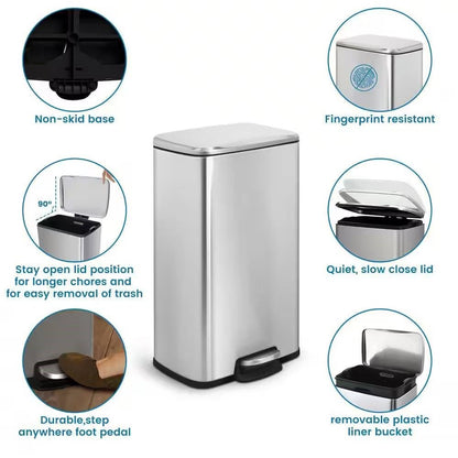HomePacific 8-gallon stainless steel kitchen trash can with step-on lid, modern design for waste disposal and recycling.