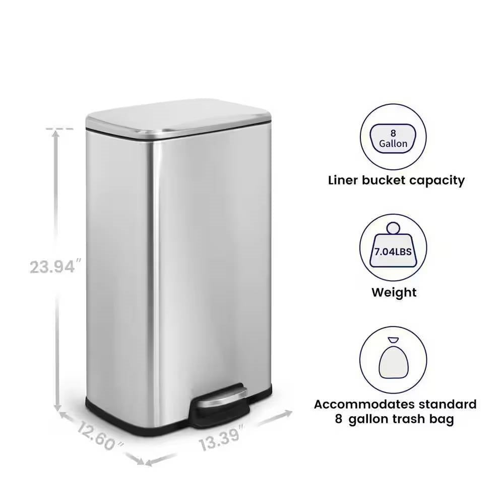 HomePacific 8-gallon stainless steel kitchen trash can with step-on lid, modern design for waste disposal.