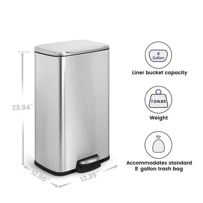 HomePacific 8-gallon stainless steel kitchen trash can with step-on lid, modern design for waste disposal.