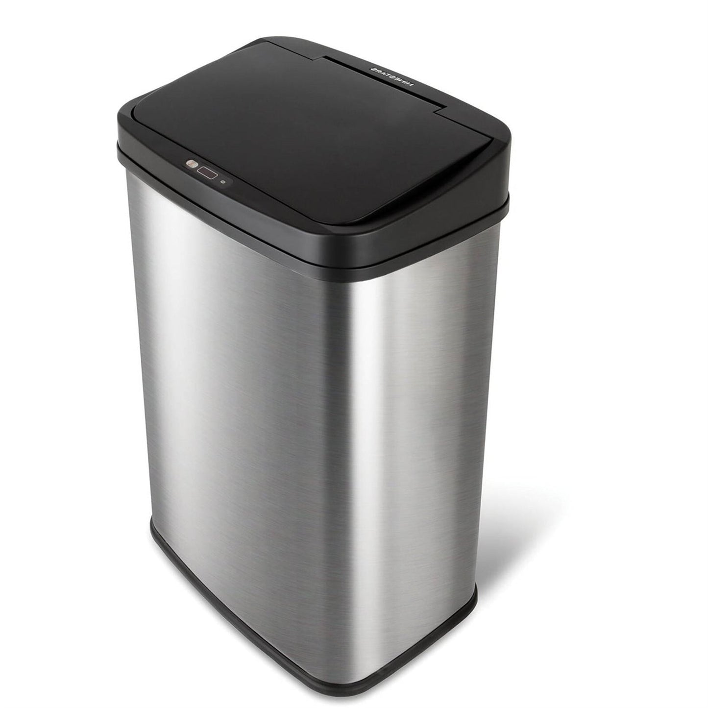 Black 13-gallon stainless steel kitchen trash can with motion sensor lid from HomePacific, modern and touchless waste bin.