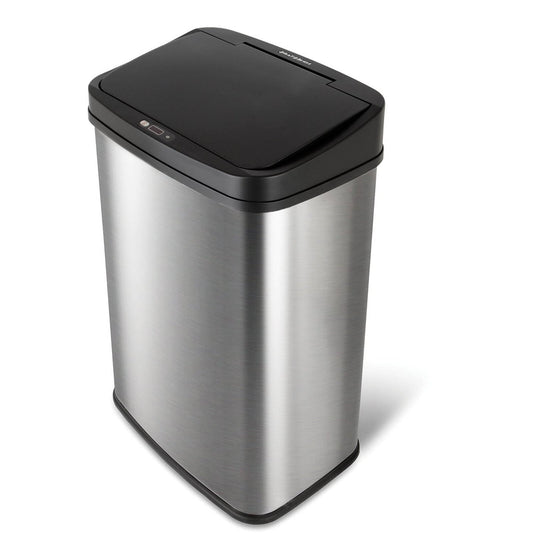 Black 13-gallon stainless steel kitchen trash can with motion sensor lid from HomePacific, modern and touchless waste bin.