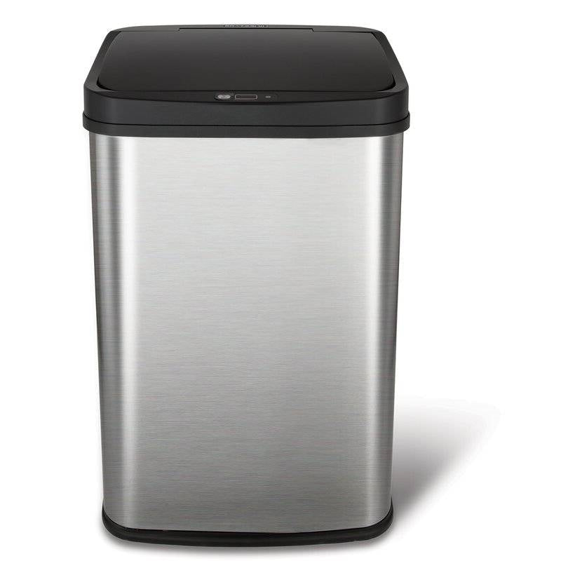 Black stainless steel kitchen trash can with 13-gallon capacity and motion sensor lid by HomePacific, shown in a modern kitchen setting.