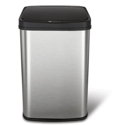 Black stainless steel kitchen trash can with 13-gallon capacity and motion sensor lid by HomePacific, shown in a modern kitchen setting.