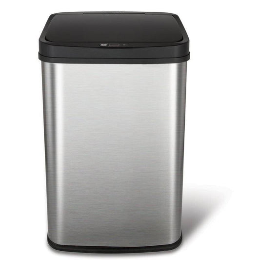 Black stainless steel kitchen trash can with 13-gallon capacity and motion sensor lid by HomePacific, shown in a modern kitchen setting.