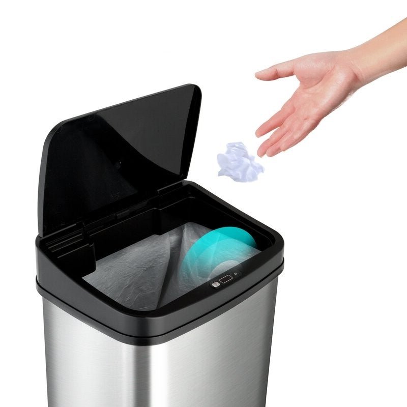 Black 13-gallon stainless steel kitchen trash can with motion sensor lid from HomePacific, sleek modern design for easy waste disposal.