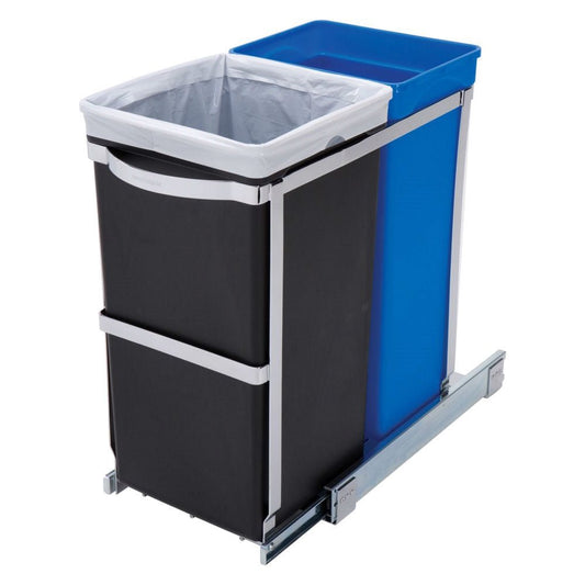 HomePacific pull-out blue recycle bin and black trash can, sliding under kitchen counter for convenient waste management.