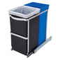HomePacific pull-out blue recycle bin and black trash can, sliding under kitchen counter for convenient waste management.