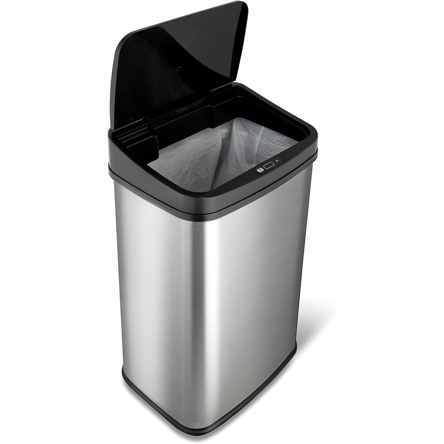 HomePacific silver and black 13-gallon stainless steel kitchen trash can with automatic motion sensor lid in a modern kitchen setting.