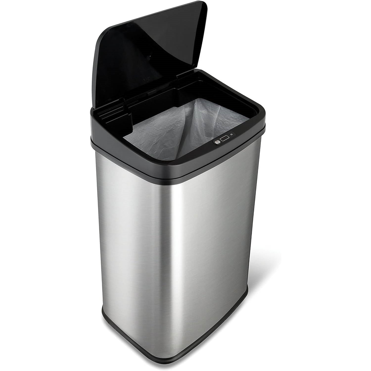 HomePacific silver and black 13-gallon stainless steel kitchen trash can with automatic motion sensor lid in a modern kitchen setting.