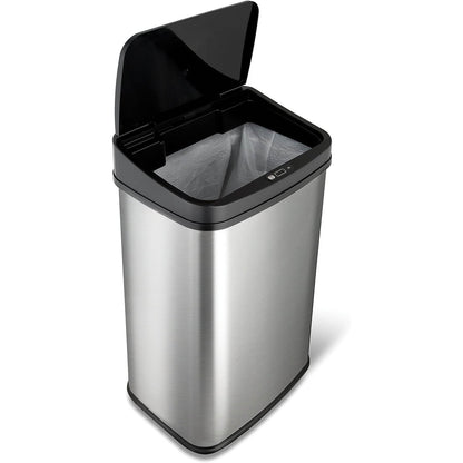 HomePacific silver and black 13-gallon stainless steel kitchen trash can with automatic motion sensor lid in a modern kitchen setting.