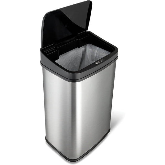 HomePacific silver and black 13-gallon stainless steel kitchen trash can with automatic motion sensor lid in a modern kitchen setting.