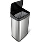 HomePacific silver and black 13-gallon stainless steel kitchen trash can with automatic motion sensor lid in a modern kitchen setting.