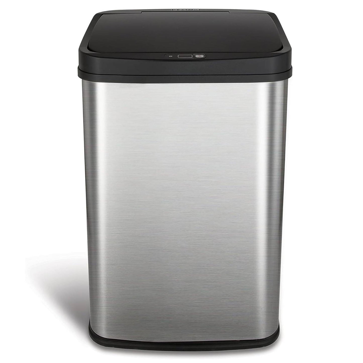 Silver and black 13-gallon stainless steel kitchen trash can with motion sensor lid by HomePacific, featuring a sleek modern design.