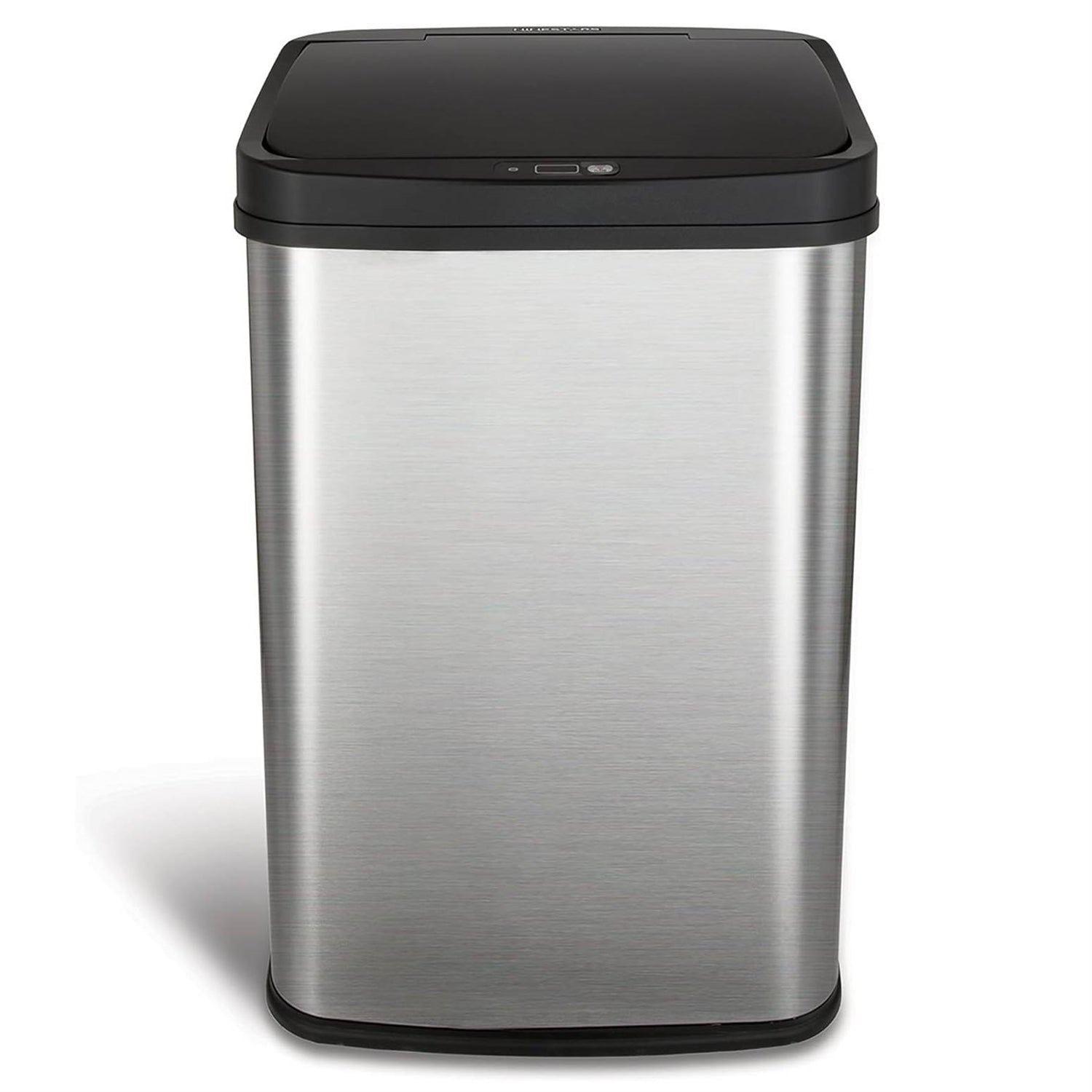 Silver and black 13-gallon stainless steel kitchen trash can with motion sensor lid by HomePacific, featuring a sleek modern design.