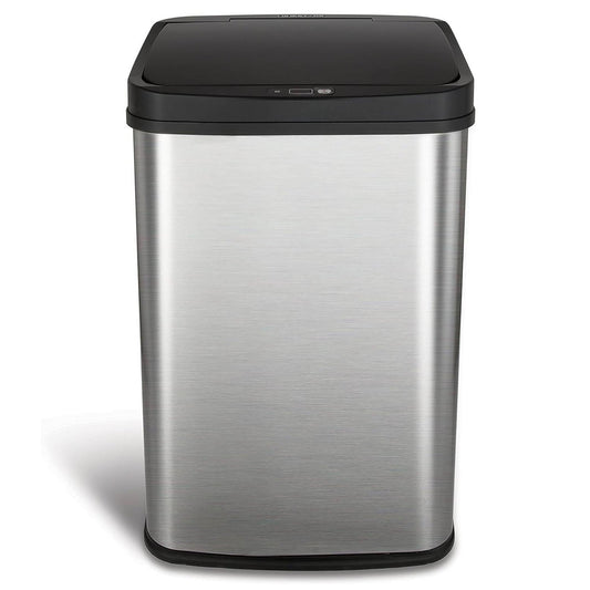 Silver and black 13-gallon stainless steel kitchen trash can with motion sensor lid by HomePacific, featuring a sleek modern design.