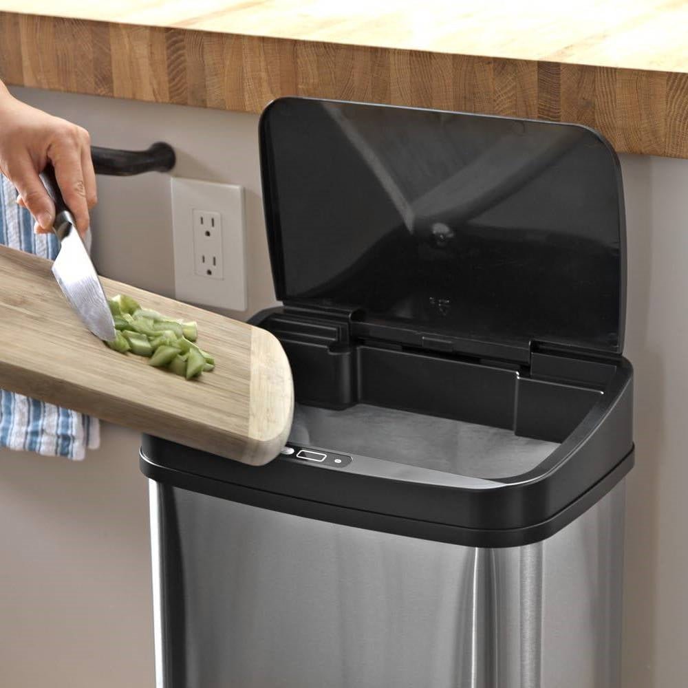 Silver and black 13-gallon stainless steel kitchen trash can with motion sensor lid by HomePacific, sleek and modern design.