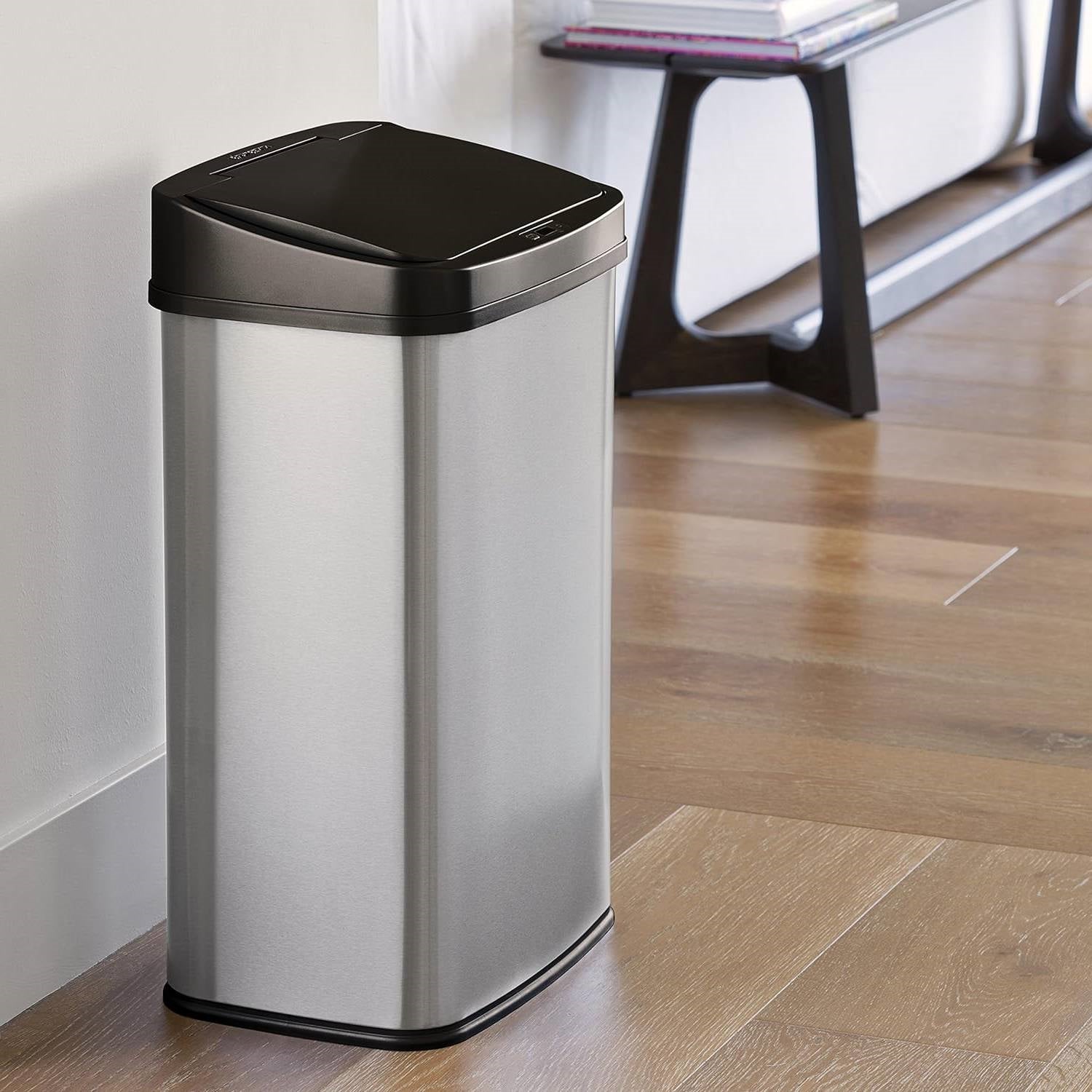 HomePacific 13-gallon stainless steel kitchen trash can with silver and black finish and motion sensor lid.