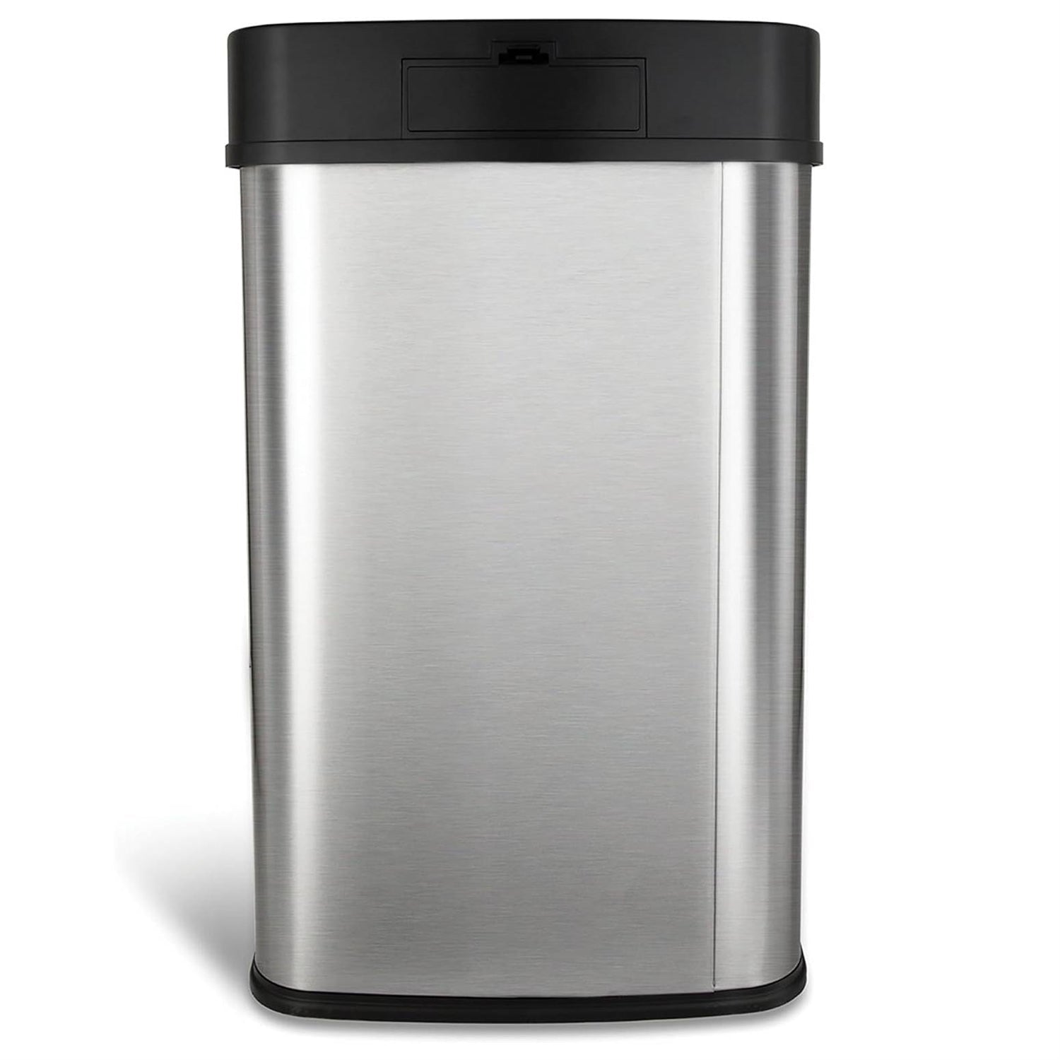 Silver and black 13-gallon stainless steel kitchen trash can with motion sensor lid from HomePacific, sleek and modern design.