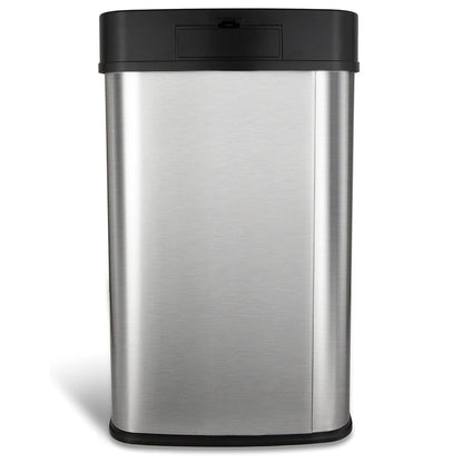 Silver and black 13-gallon stainless steel kitchen trash can with motion sensor lid from HomePacific, sleek and modern design.