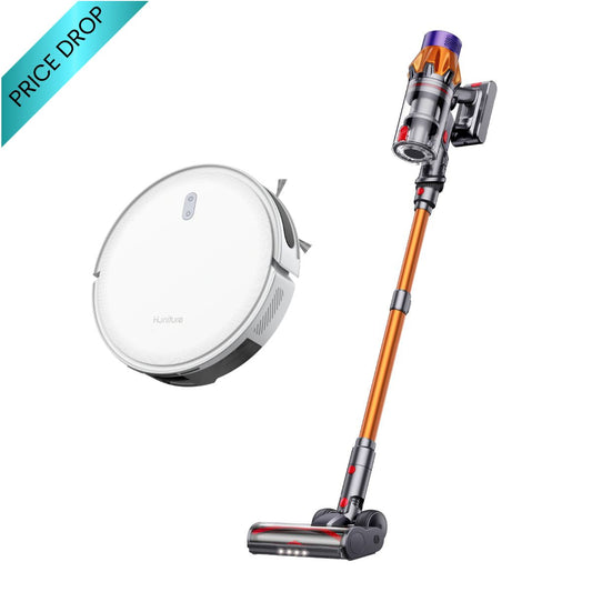 Honiture X7 cordless vacuum and T10 robot vacuum cleaning bundle, showing both devices on a modern home floor.