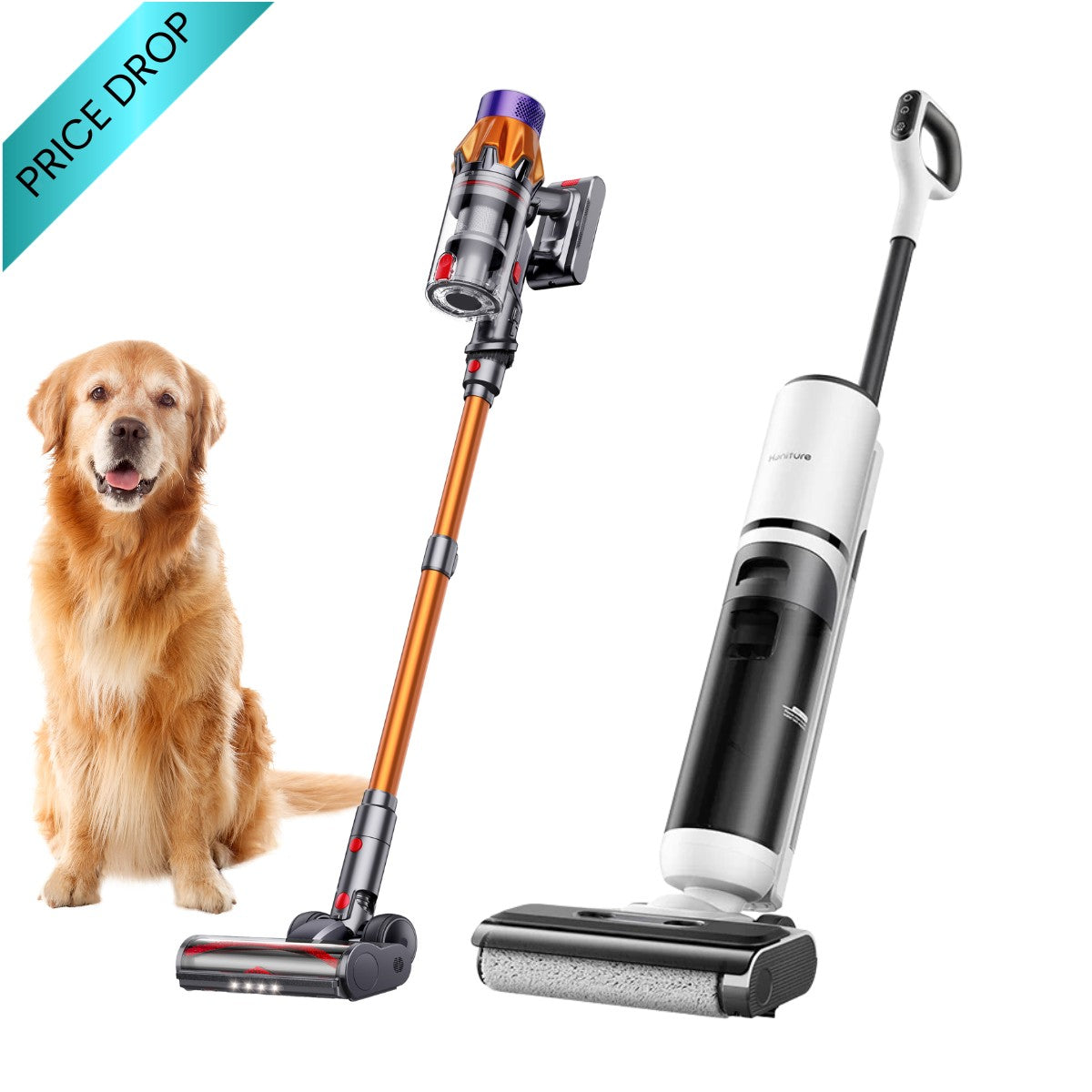 Honiture M7 Ultimate Pet Home Cleaning Bundle with hard floor washer and X7 cordless pet vacuum in a home setting.