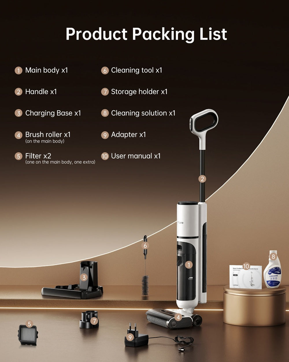 Honiture M7 multi-surface wet dry vacuum cleaner with attachments and packaging, suitable for cleaning various surfaces.
