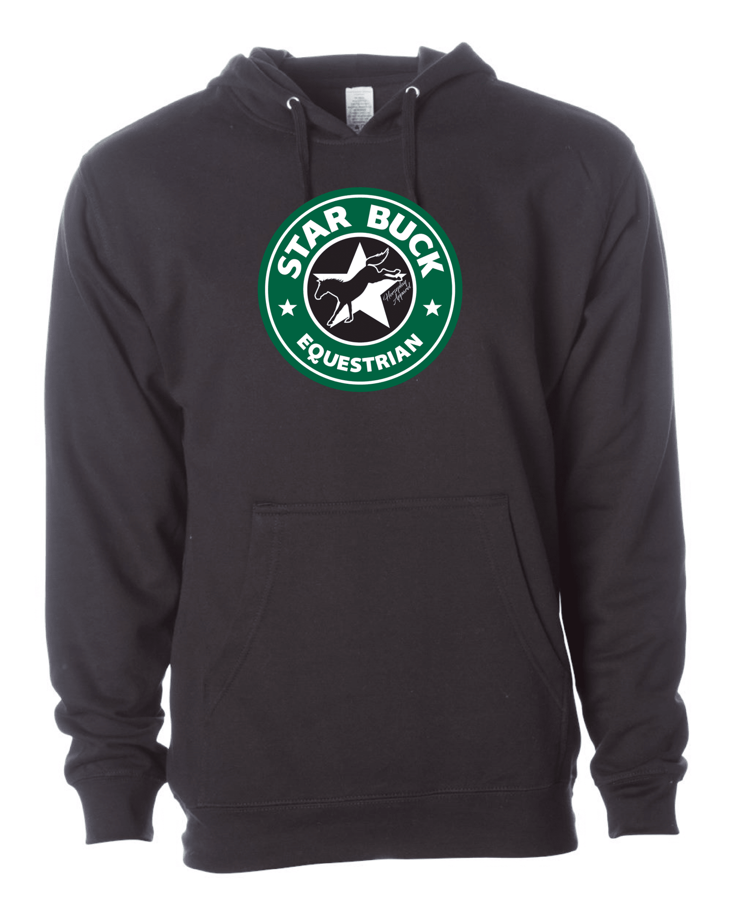 Black Horseplay Apparel Starbuck Equestrian Hoodie with front pocket and hood, casual style for equestrian enthusiasts.