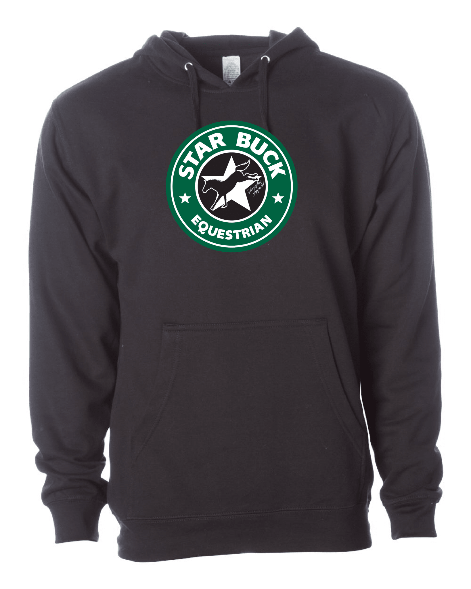 Black Horseplay Apparel Starbuck Equestrian Hoodie with front pocket and hood, casual style for equestrian enthusiasts.