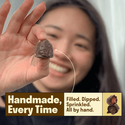 Single spiced dark chocolate stuffed Medjool date from Hot Date Kitchen in a 12-pack, covered in rich chocolate with a spiced filling.