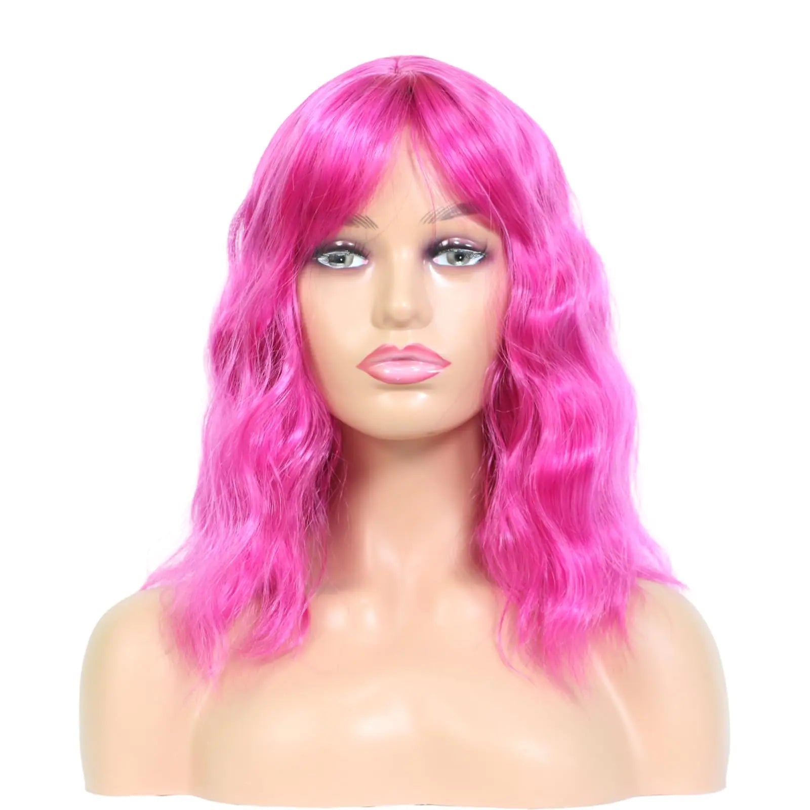 Hot Pink Wavy Wig With Bangs Wavy Bob Wigs for Women Wavy Bob Wig with Bangs Synthetic Natural Looking Heat Resistant Fiber Wigs Cosplay Halloween Party Wigs for Girl Colorful Costume Wigs（Hot Pink） - BACKUPMYFILESNOW