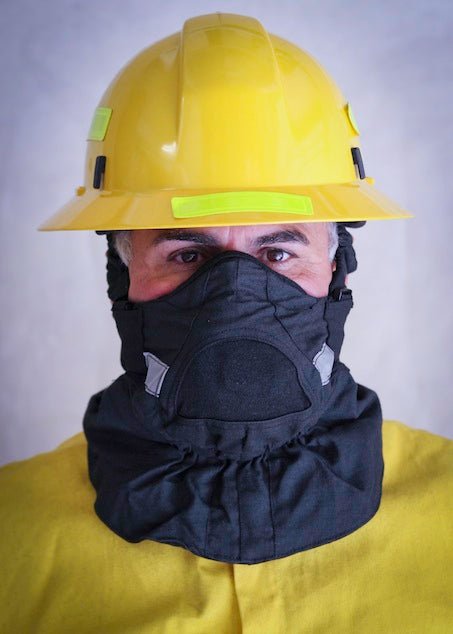 Hot Shield HS-2 Wildland Firefighter Face Mask showing adjustable straps and breathable fabric for protection during firefighting.