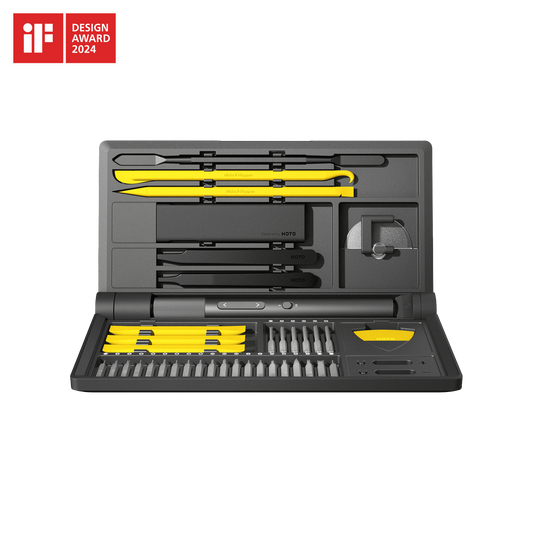 HOTO electric precision screwdriver kit with multiple bits and ergonomic handle, ideal for detailed electronic repairs and assembly.