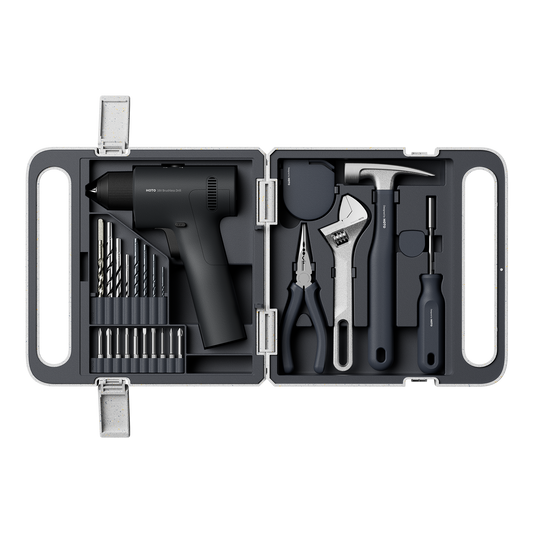 HOTO 16V brushless drill tool set with drill, bits, and accessories on a white background, showcasing the compact power tool kit.